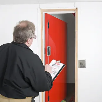 Inspector checking the hardware on a red fire door