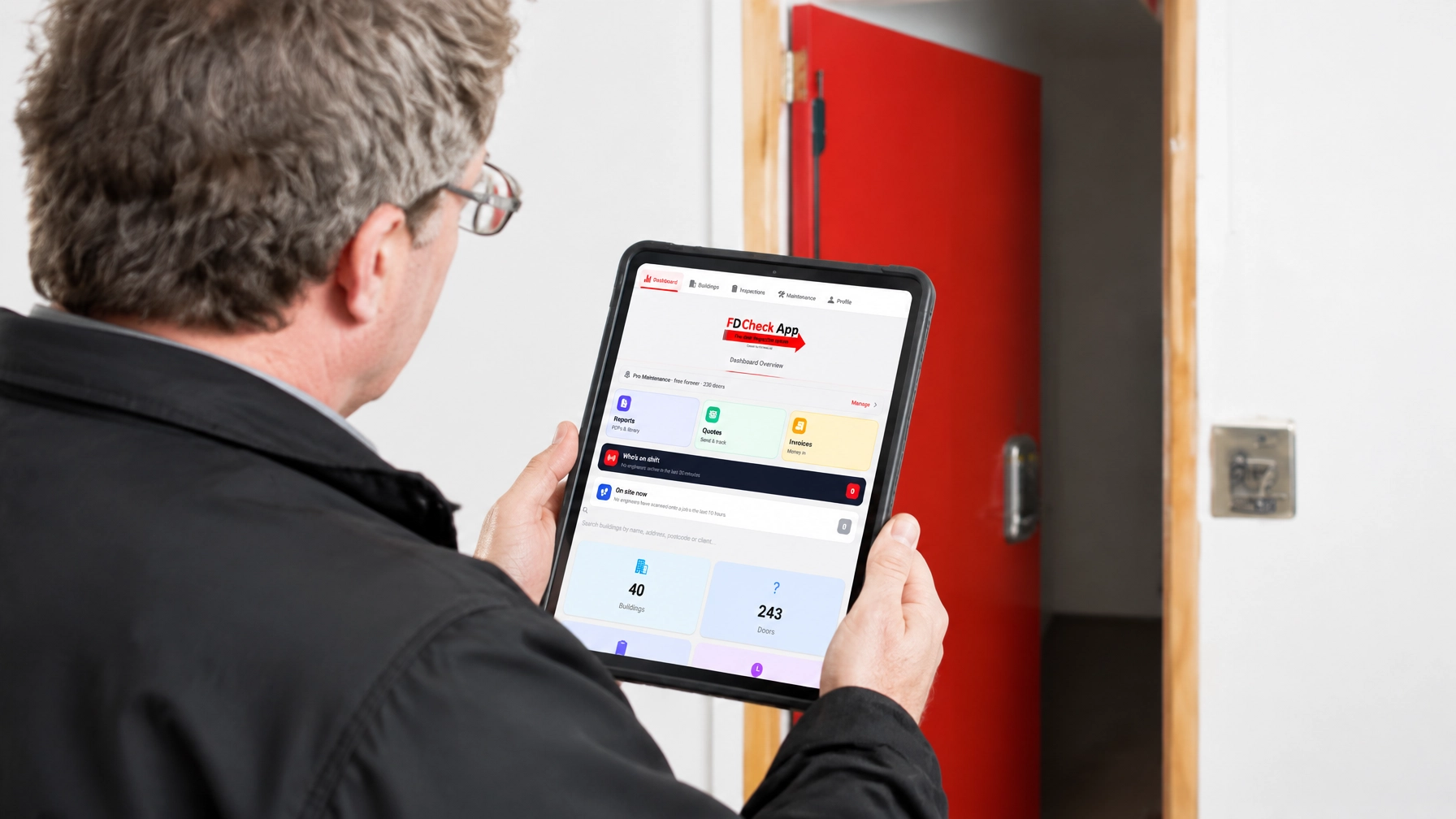 FD Check inspector recording a fire door check on the FD Check App